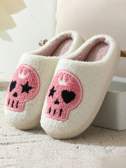 Halloween Pink Skull Print Home Plush Slippers