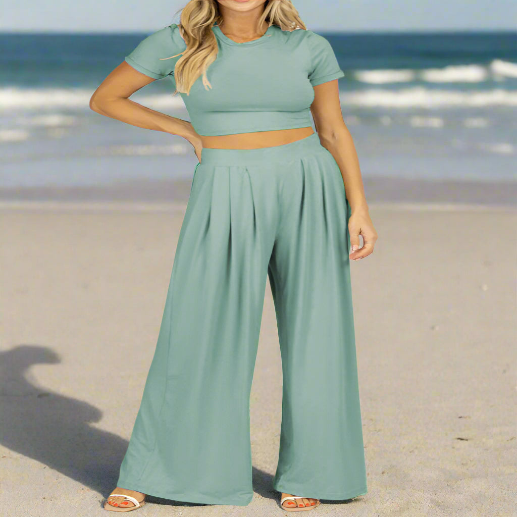 Short Sleeve Crop Top & Flared Pant Set