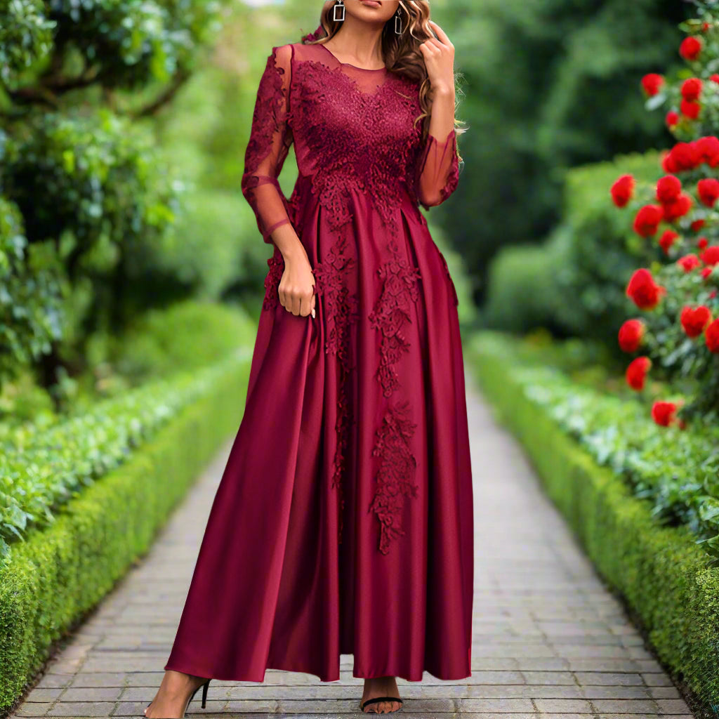 Red Long Sleeve Floral Evening Gown