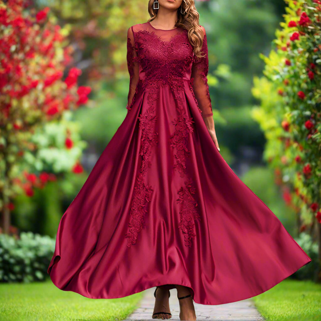 Red Long Sleeve Floral Evening Gown