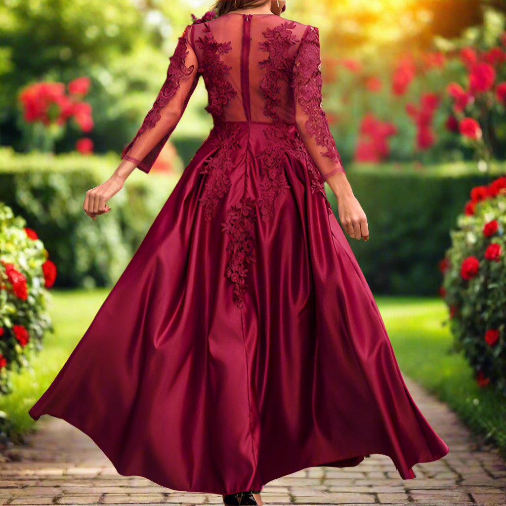 Red Long Sleeve Floral Evening Gown