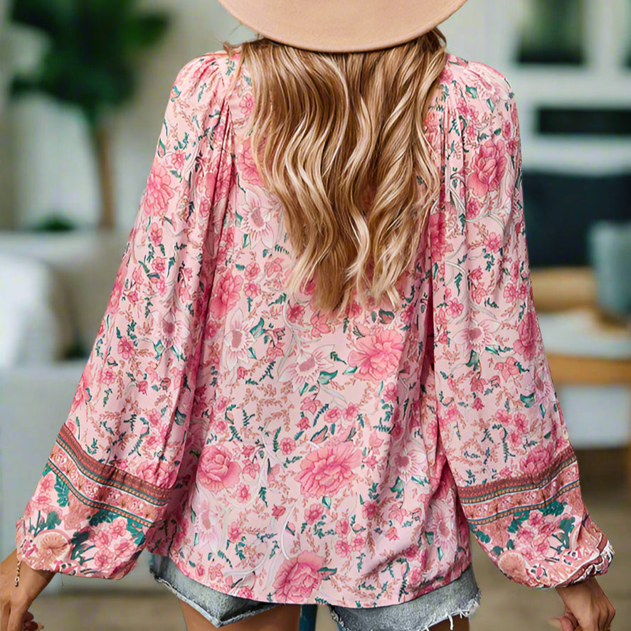 Lace Up Long Sleeve Print Top