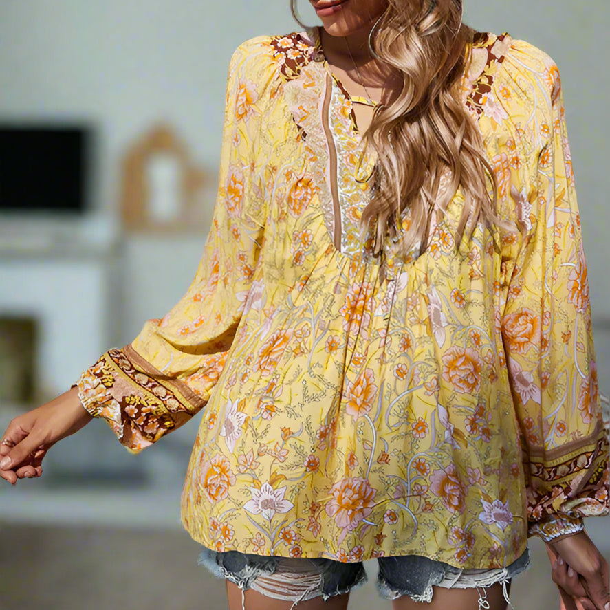 Lace Up Long Sleeve Print Top