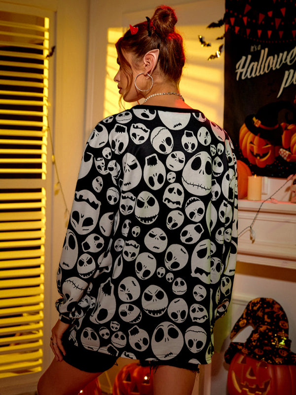 Halloween Skull Print Long Sleeve Top