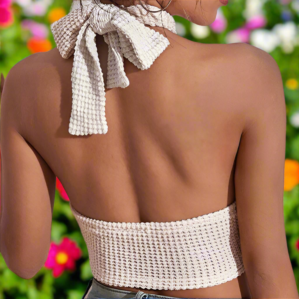 Backless Waffle Halter Crop Top