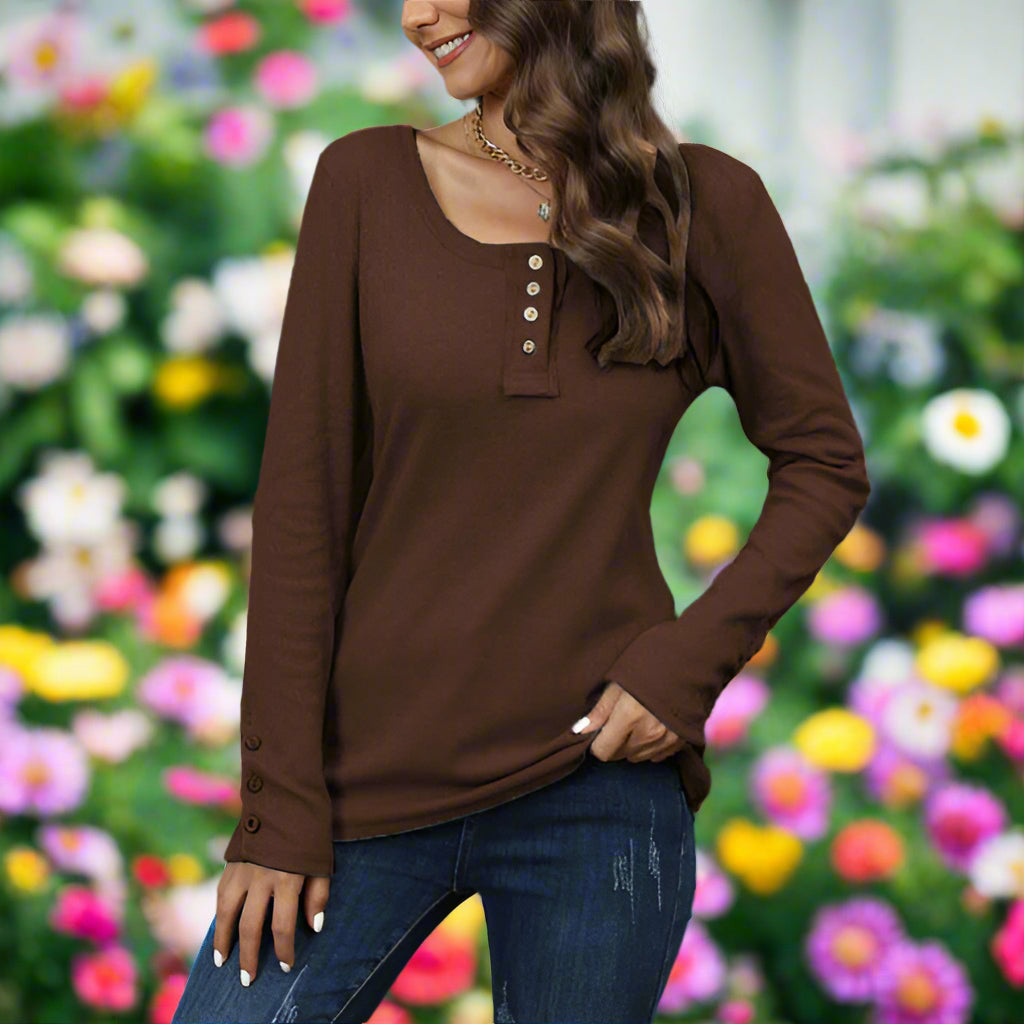 V-Neck Long Sleeve Half Button Top