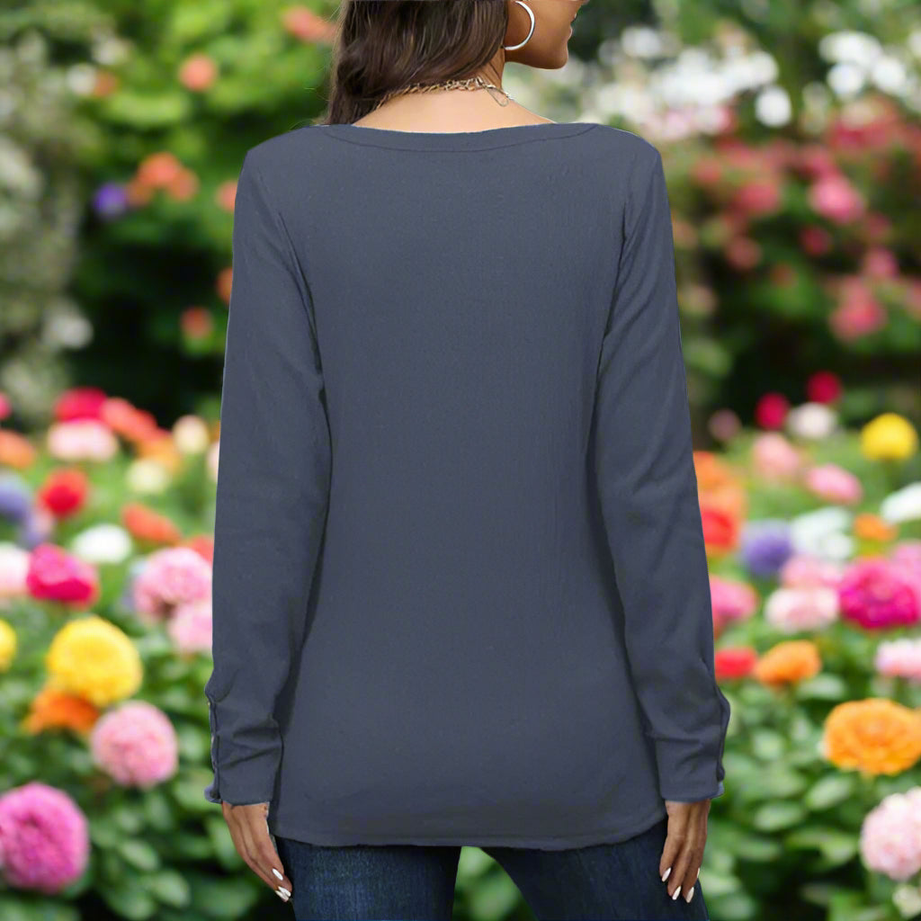 V-Neck Long Sleeve Half Button Top