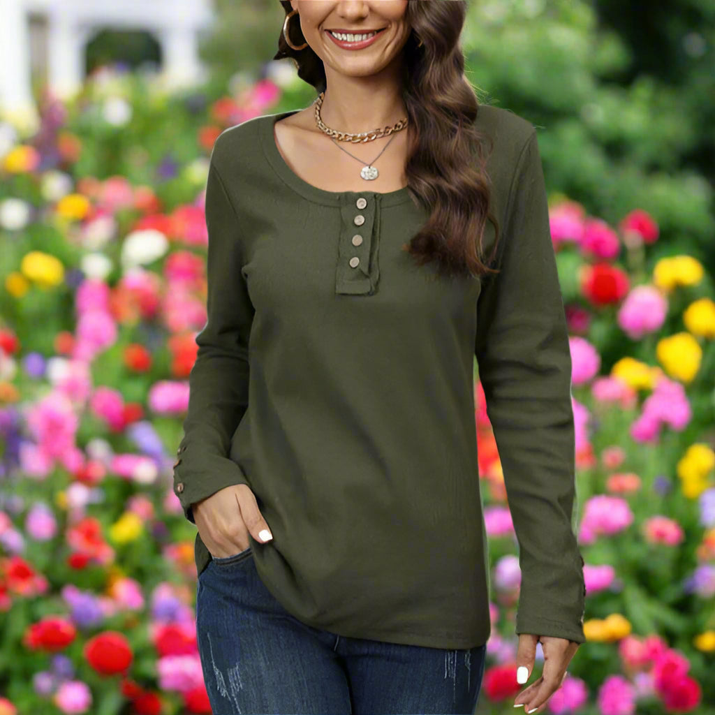 V-Neck Long Sleeve Half Button Top