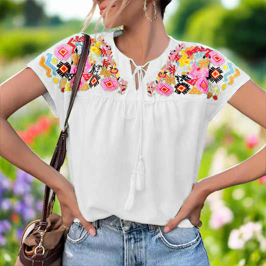 Flower Embroidered Short Sleeve Top