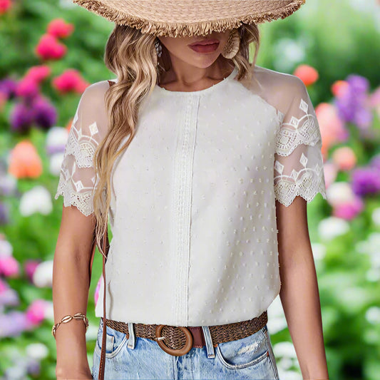 Round Neck Lace Short Sleeve Shirt