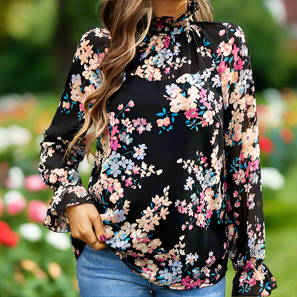 Floral Long Sleeve Ruffled Top