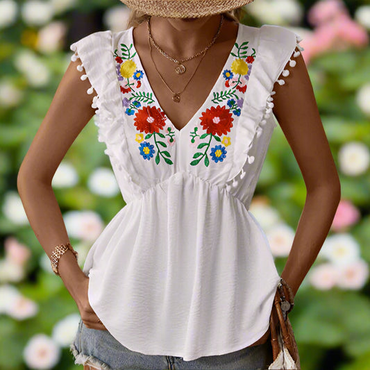 Flower Embroidered White Top