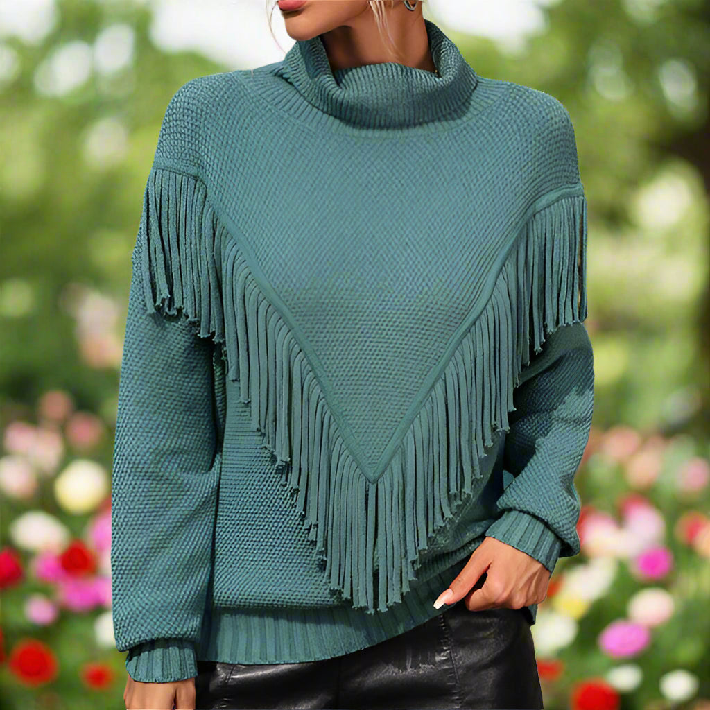 Fringed Knit Turtleneck Sweater