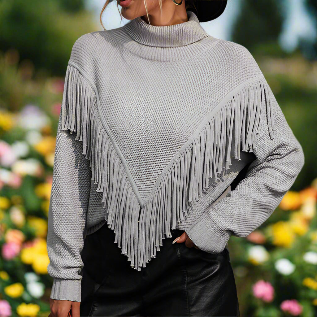 Fringed Knit Turtleneck Sweater