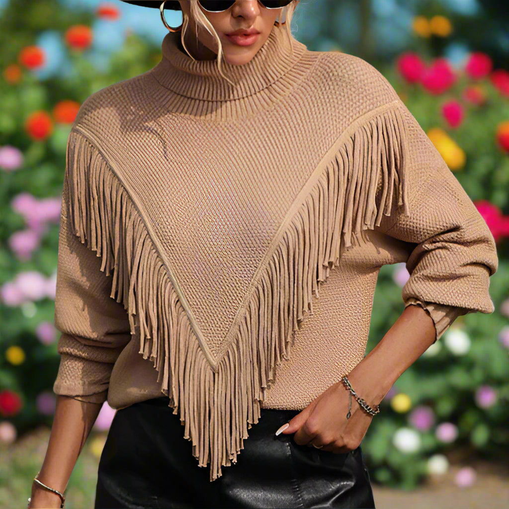 Fringed Knit Turtleneck Sweater