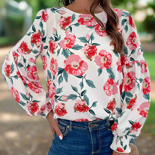 Round Neck Long Sleeve Floral Top