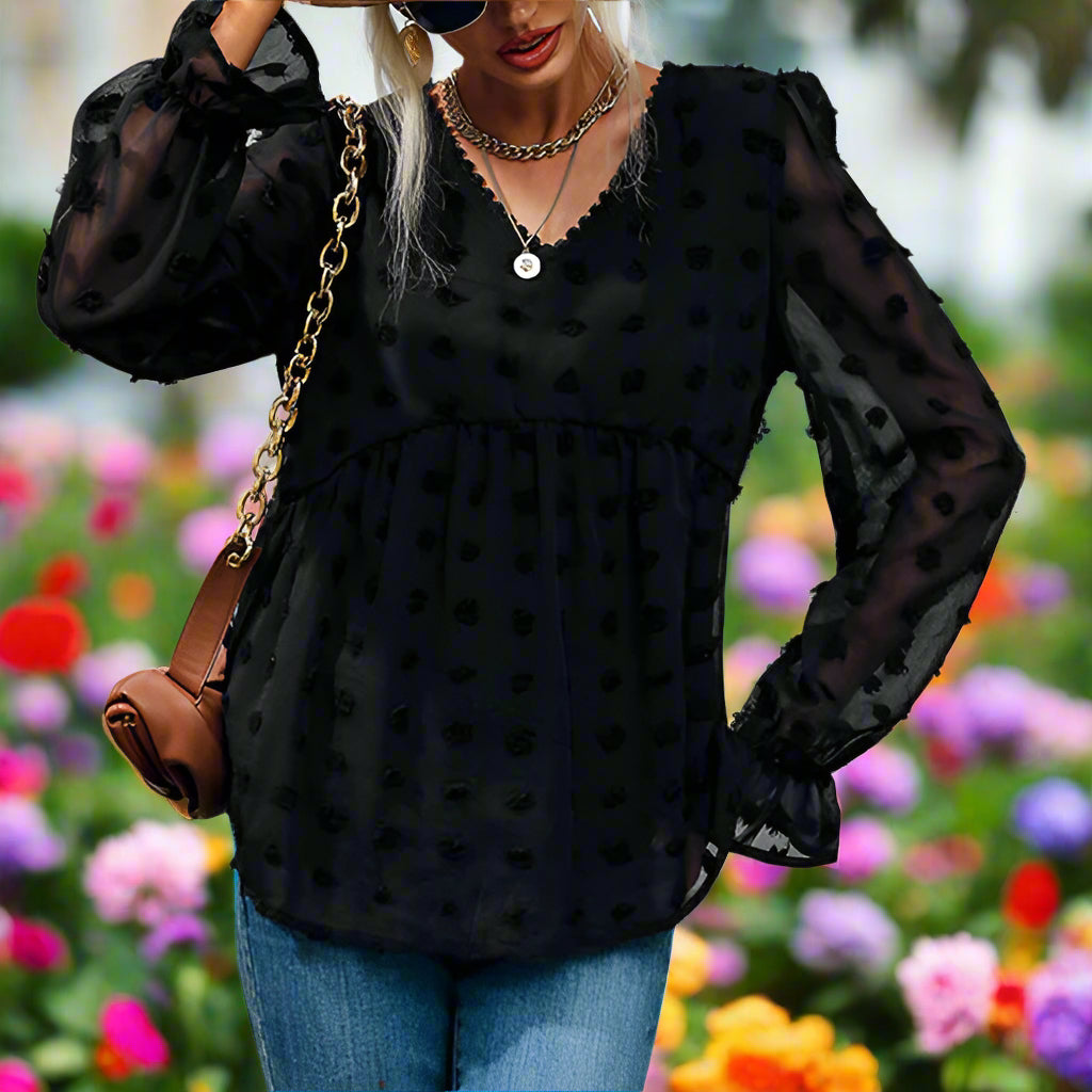 Loose V-Neck Long Sleeve Black Shirt