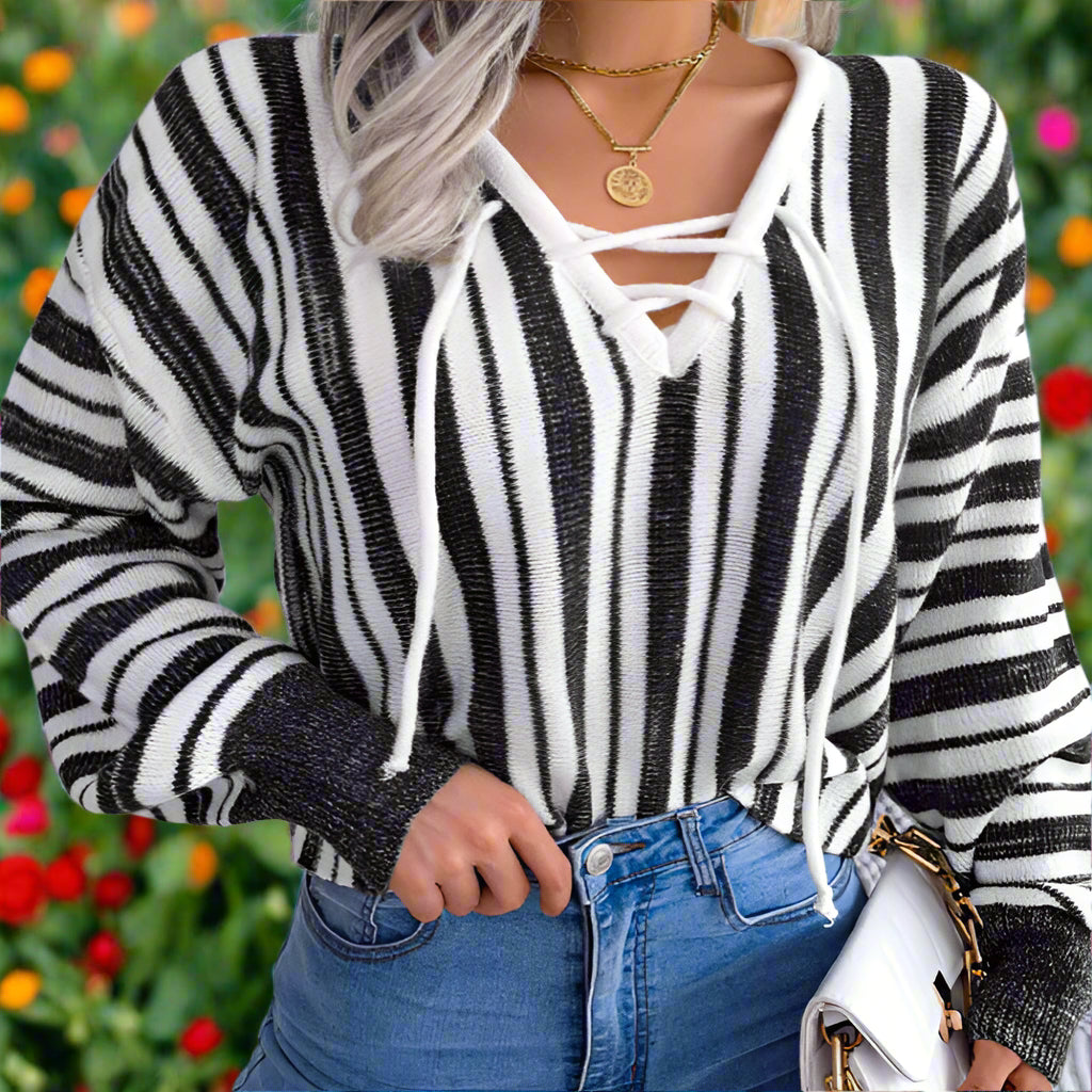 Stripe Tie Lantern Sleeve Sweater