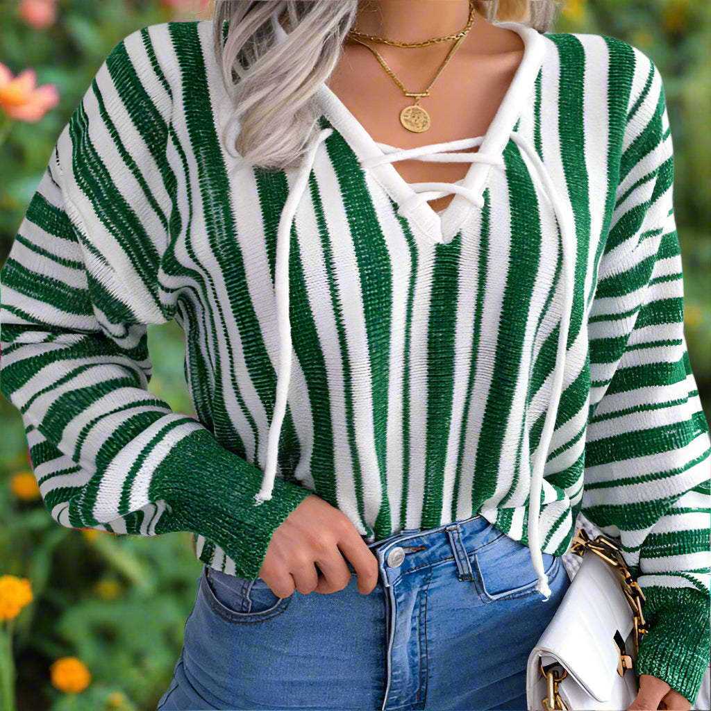 Stripe Tie Lantern Sleeve Sweater