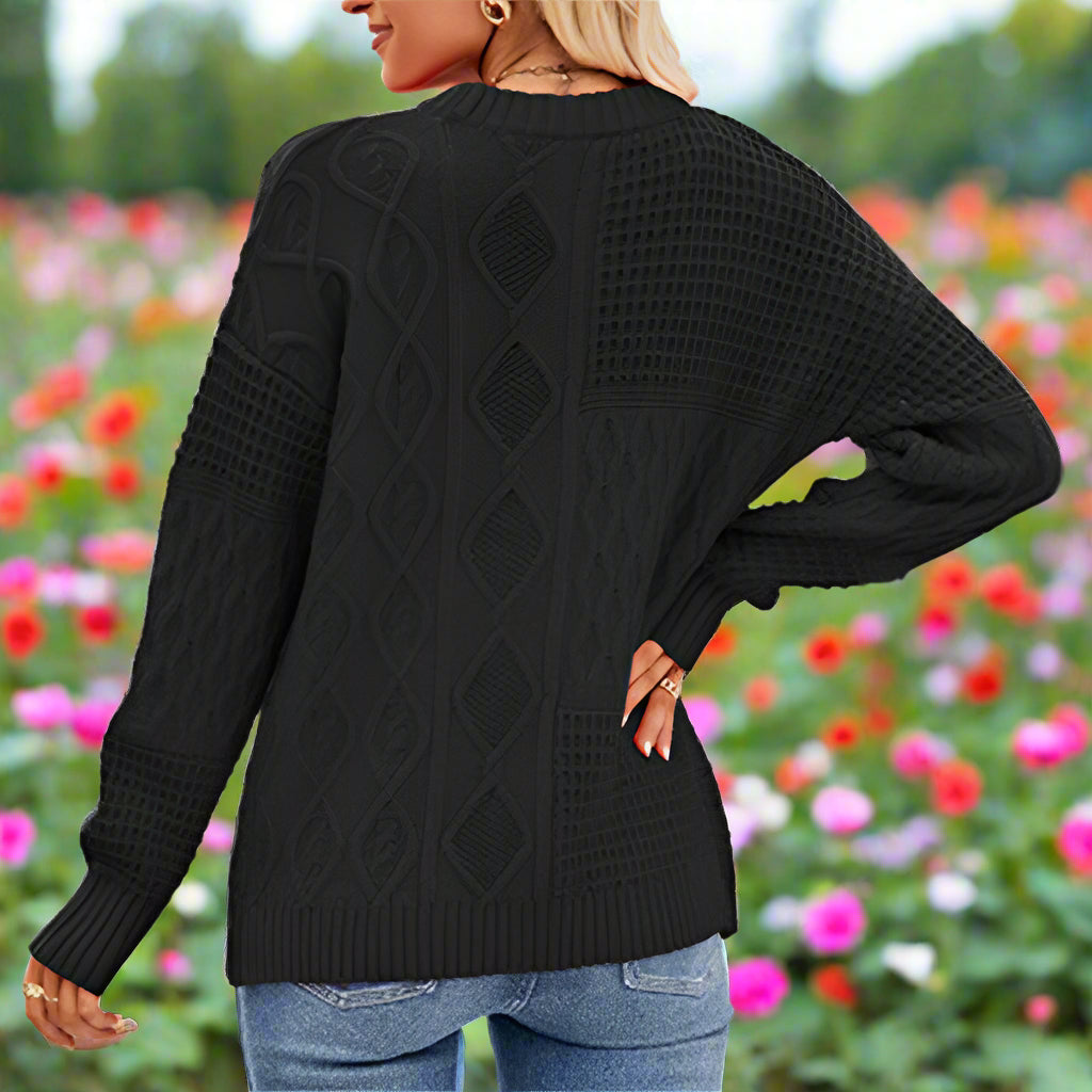 Twist Knit Round Neck Long Sleeve Sweater