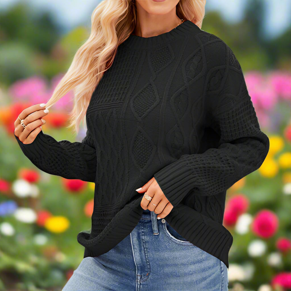 Twist Knit Round Neck Long Sleeve Sweater