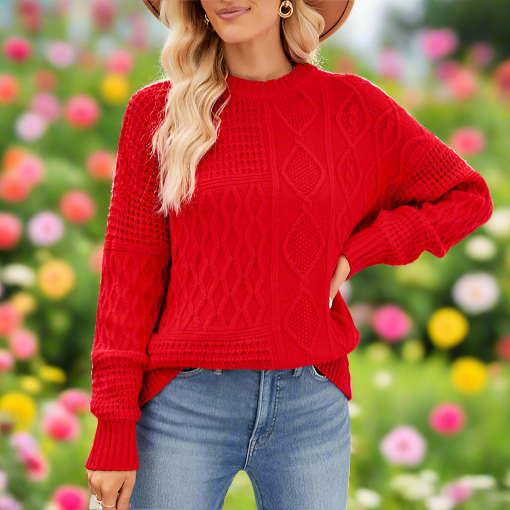 Twist Knit Round Neck Long Sleeve Sweater