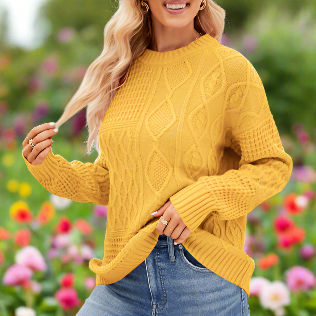 Twist Knit Round Neck Long Sleeve Sweater