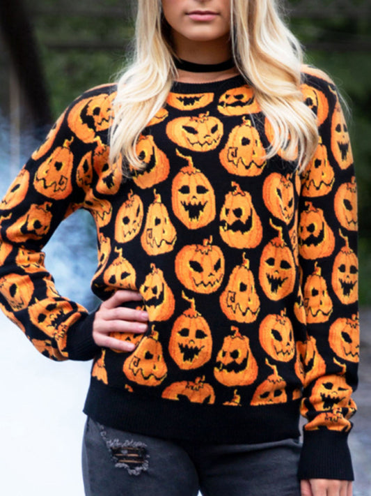 Halloween Pumpkin Print Sweater