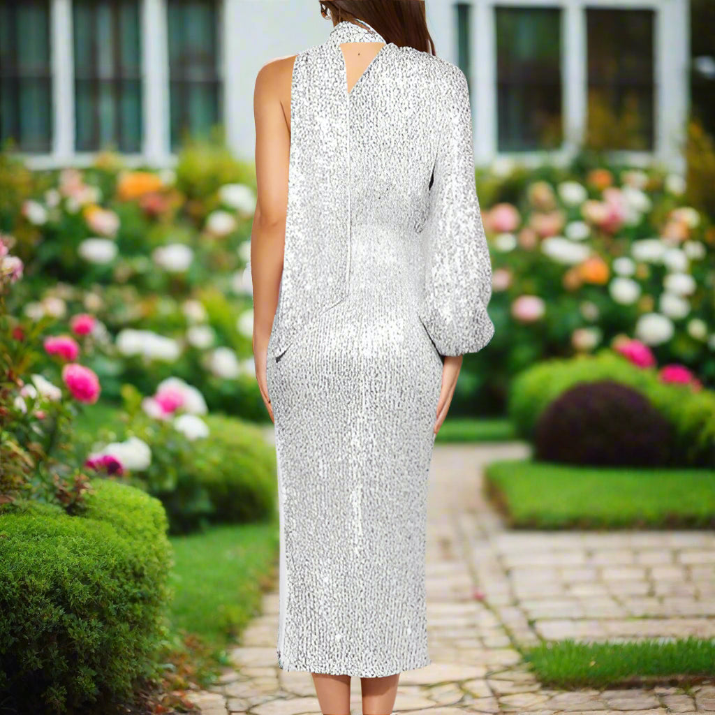 One Shoulder Long Sleeve Sparkle Dress