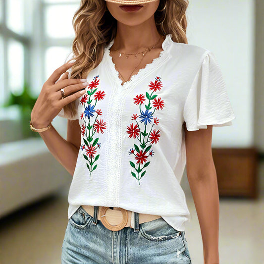 Short Sleeve Flower Embroidered Shirt