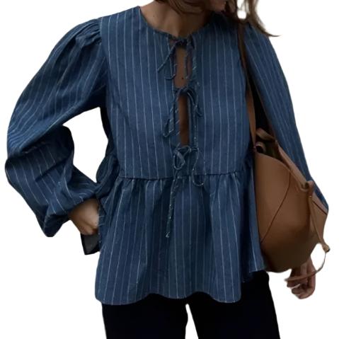 Blue Long Sleeve Lace Up Striped Top