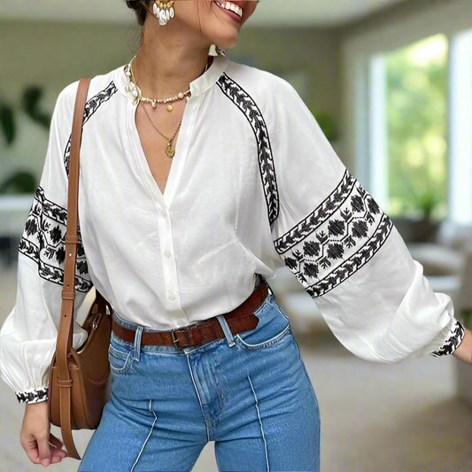 White Long Sleeve V-Neck Top