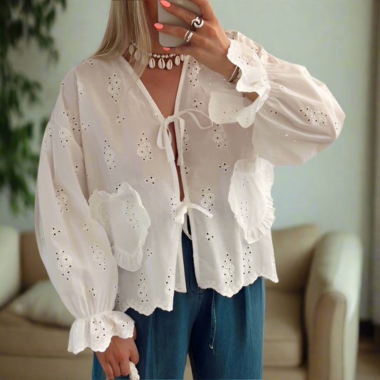 Embroidered Heart Pocket White Long Sleeve Top