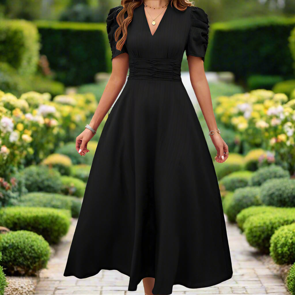 V-Neck Puff Sleeve A-Line Dress