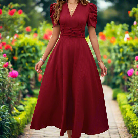 V-Neck Puff Sleeve A-Line Dress