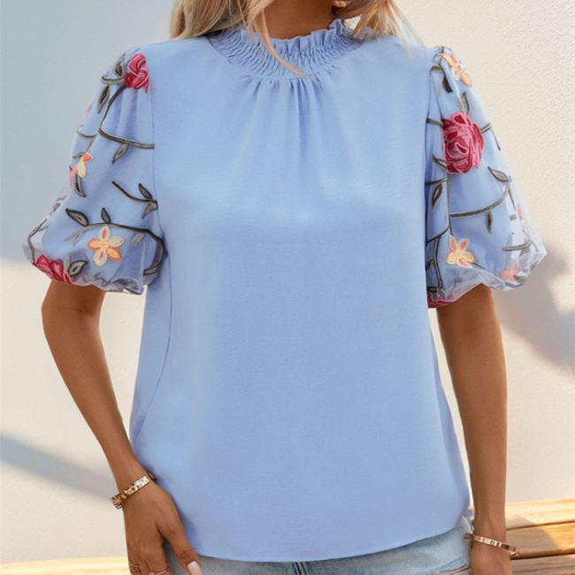 Embroidered Floral Short Sleeve Blue Top