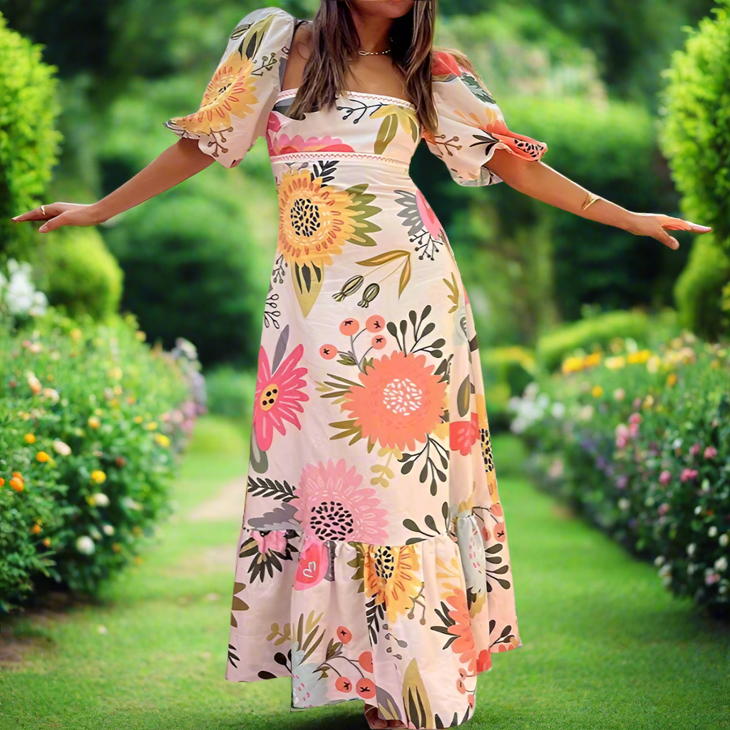 Lantern Sleeve Floral Maxi Dress