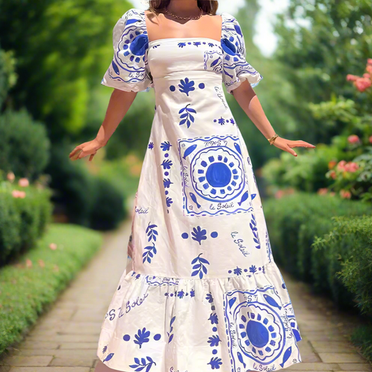 Blue & White Puff Sleeve Maxi Dress