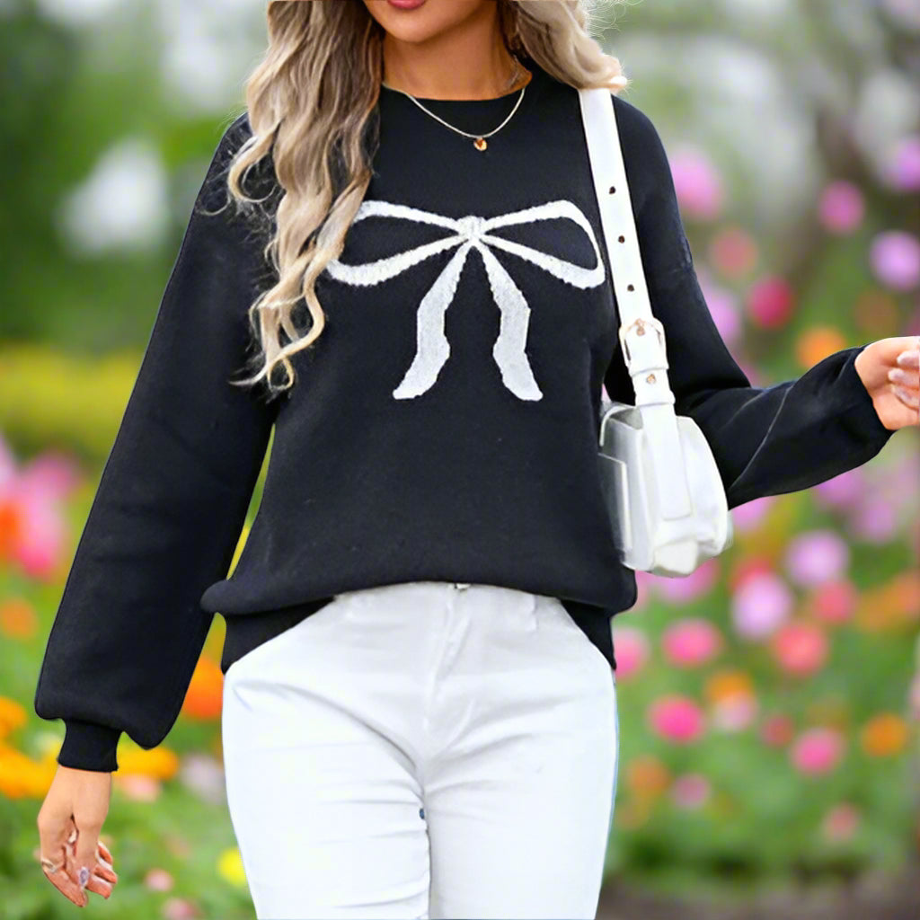 Knitted Sweater with Bow Accent