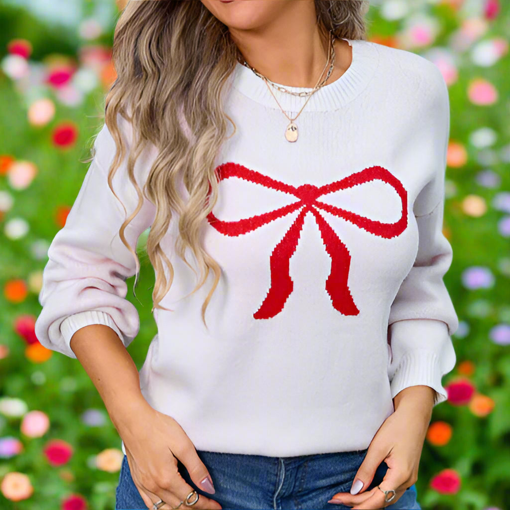 Knitted Sweater with Bow Accent