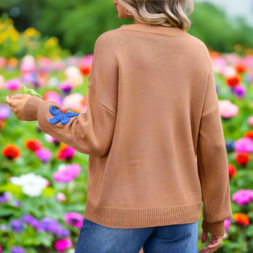 Floral Knit Round Neck Sweater