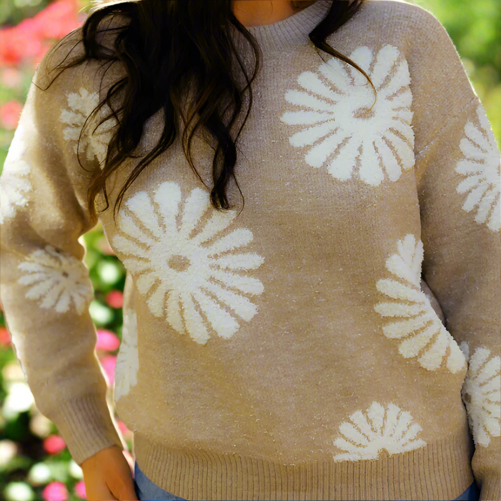 Khaki Flower Knit Long Sleeve Sweater