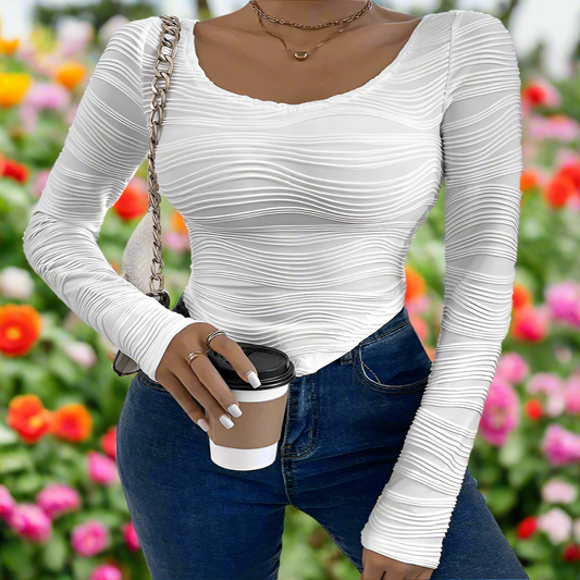 White Round Neck Long Sleeve Top