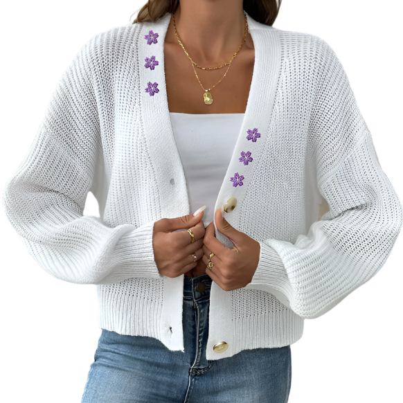 Flower Embroidered Button Up Cardigan