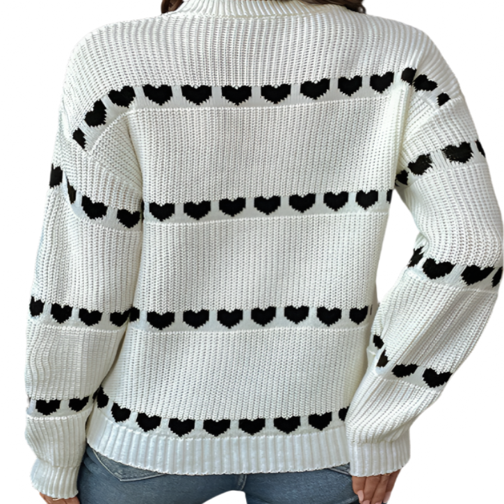 White Heart Striped Knit Sweater