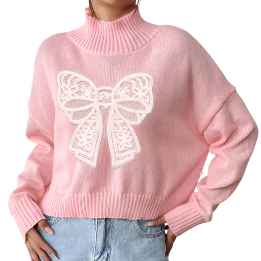 Turtleneck Knit Sweater with Bow Accent