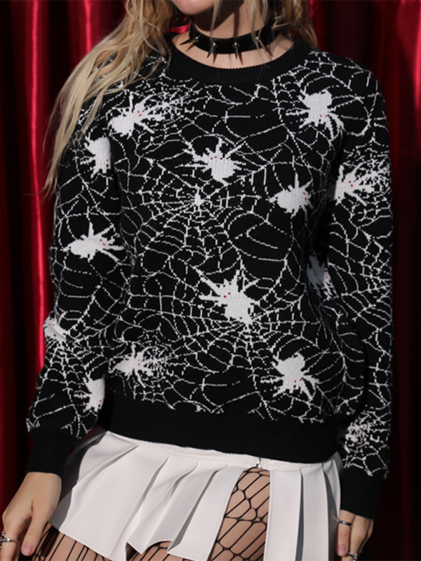 Halloween Spider Web Crew Neck Knit Sweater