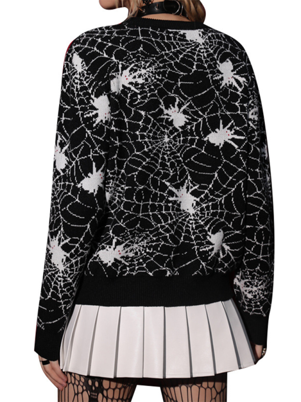 Halloween Spider Web Crew Neck Knit Sweater