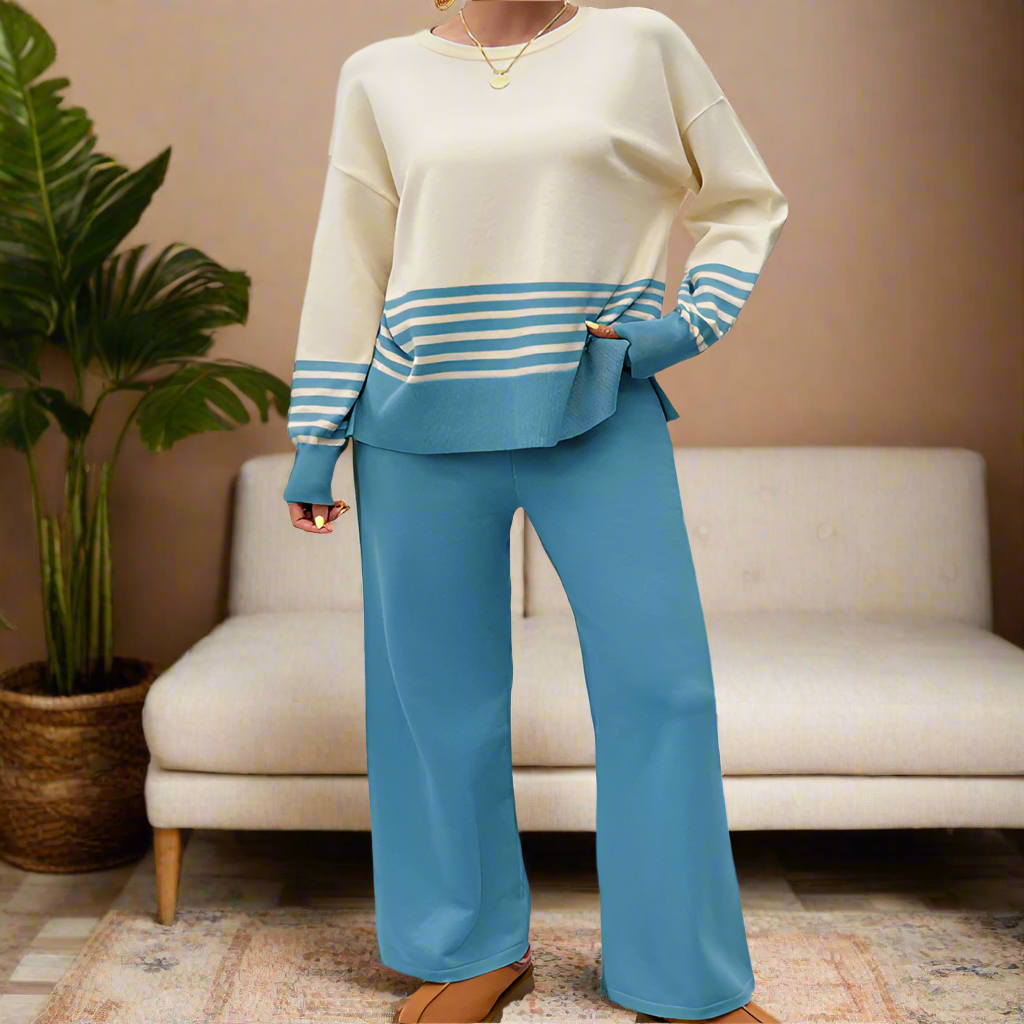 Striped Long Sleeve Top & Knit Pant Set