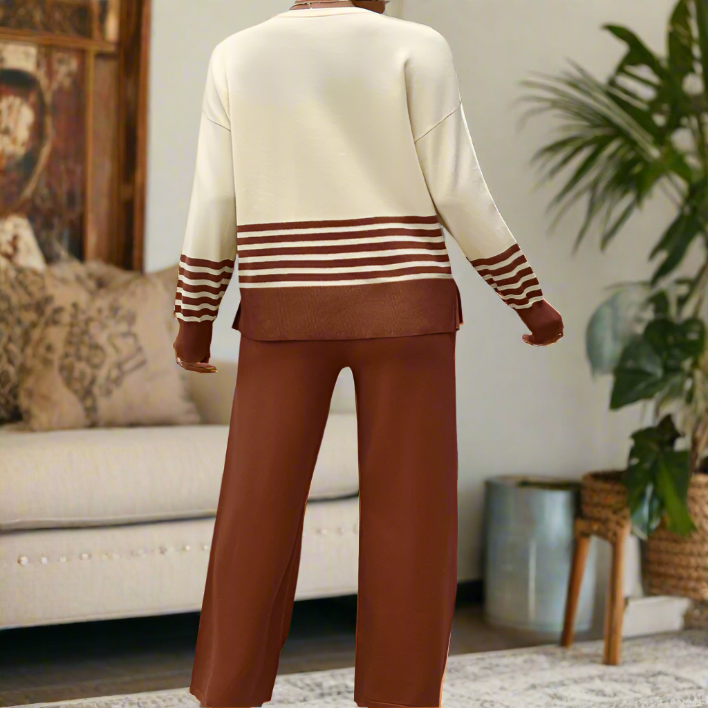 Striped Long Sleeve Top & Knit Pant Set